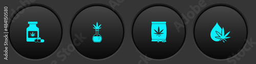 Set Medical bottle with marijuana, Test tube, Marijuana or cannabis seeds and leaf oil icon. Vector