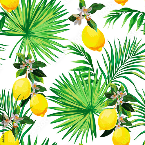Tropical vector seamless background. Jungle pattern with exotic flowers, and palm leaves. Stock vwallpaperector. Jungle vector vintage 