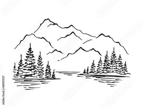 Mountain with pine trees and lake landscape. Hand drawn rocky peaks in sketch style.