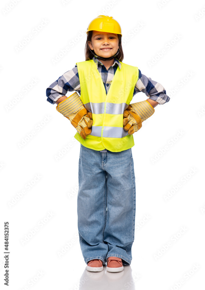 building, construction and profession concept - smiling little girl in protective helmet, gloves and safety vest over white background building, construction and profession concept - smiling little girl in protective helmet, gloves and safety vest over white background
