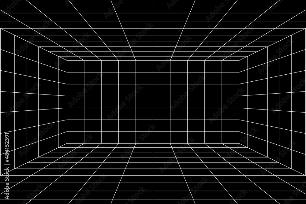 3d digital white grid of black room space with one point perspective
