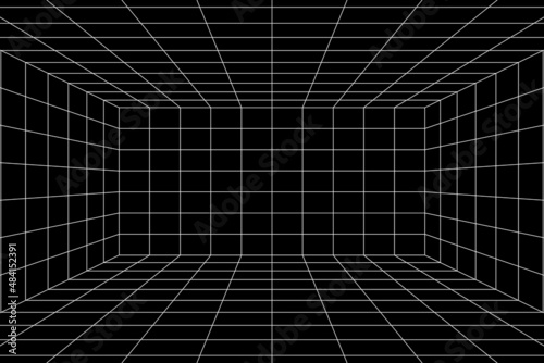 3d digital white grid of black room space with one point perspective. Empty geometric cyberspace studio background. Virtual three dimension scene. Easy guide architecture template
