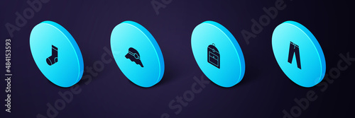 Set Isometric Pants, Backpack, Elegant women hat and Socks icon. Vector