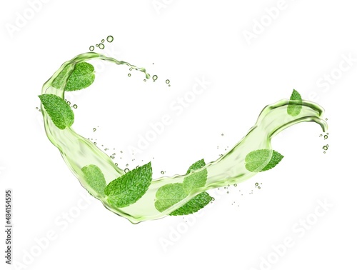 Herbal drink wave splash with mint leaves and water flow. Menthol, peppermint, match tea green foliage. Vector organic beverage 3d advertising with realistic leaves in aqua and splatters photo