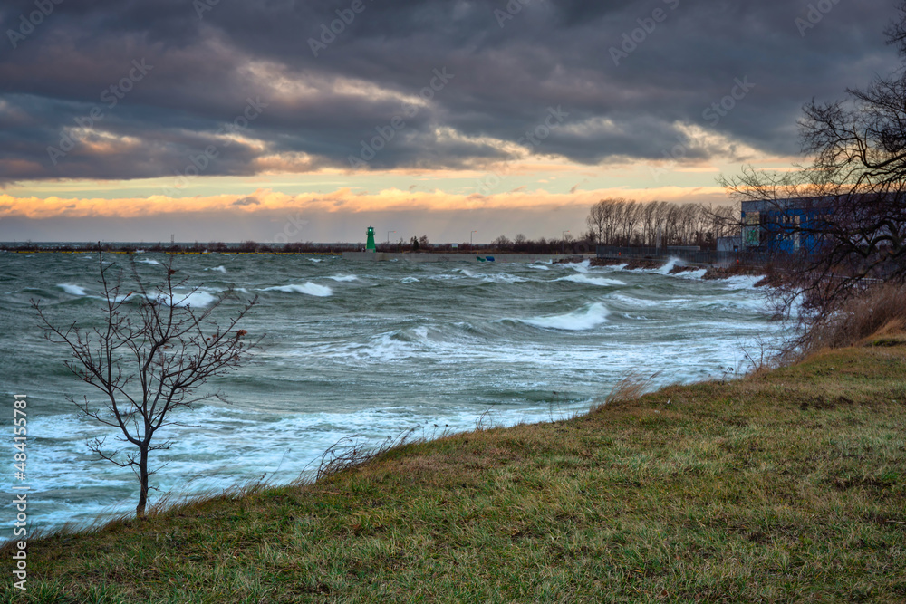Storm on the Baltic Sea at sunset, Gdansk. Poland