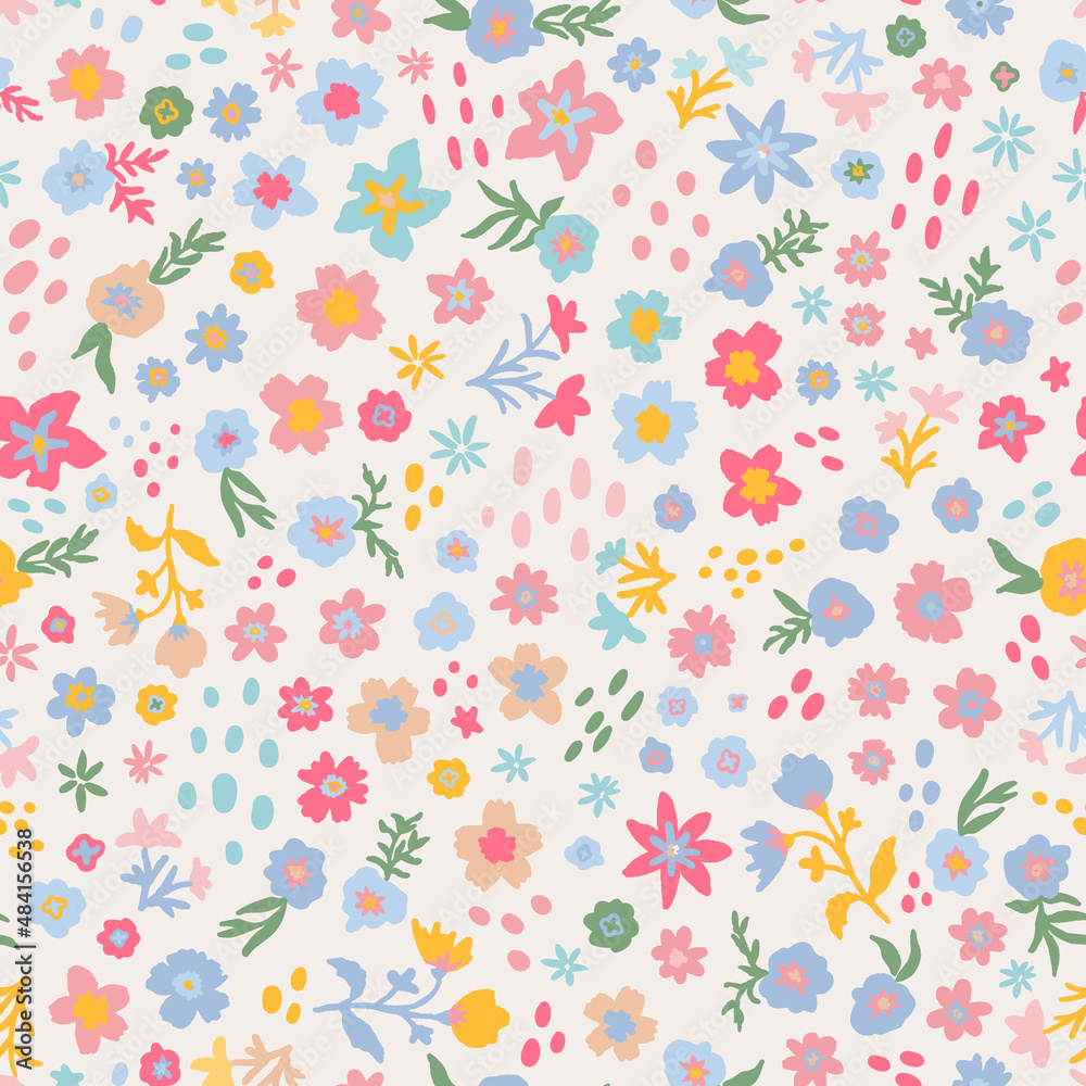Cute ditsy daiy seamless repeat pattern. Random placed, doodled vector flowers, leaf plants and dots all over print.