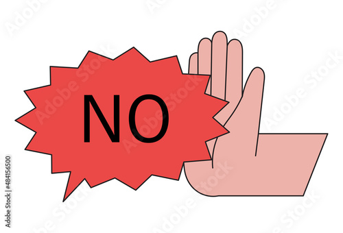 Cartoon vector illustration of No sign. Human character hand push speech bubble showing refusal, denial or rejection. Choice hesitate, dispute, opposition, dilemma. Say no to something or bad habit.