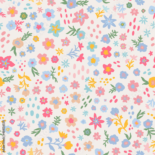 Cute ditsy daiy seamless repeat pattern. Random placed, doodled vector flowers, leaf plants and dots all over print. © MoJX.Studio