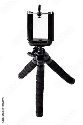 Black tripod for mounting and shooting with a smartphone. Isolation on white.