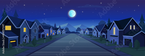 Fotografering Suburban houses, street with cottages with garages at night