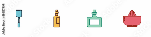 Set Spatula, Bottle of olive oil, Sauce bottle and Citrus fruit juicer icon. Vector