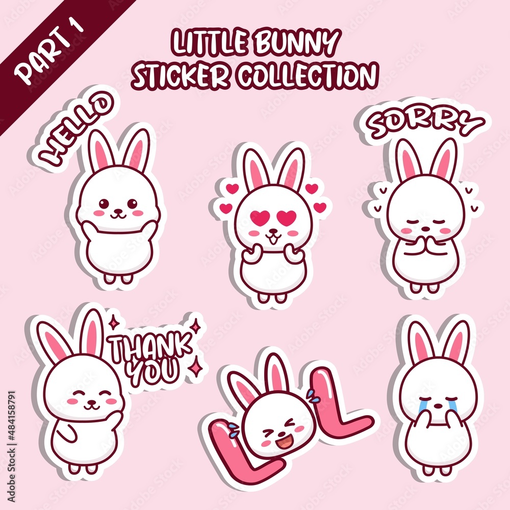 Set of little bunny sticker collection. Kawaii cute cartoon character  design. Hello, love, sorry, thank you, LOL, cry emoticon Stock Vector |  Adobe Stock