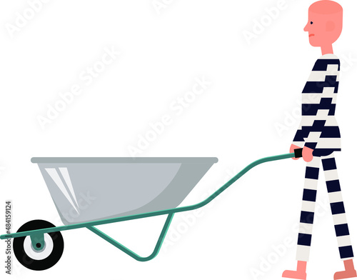A prisoner in a concentration camp rolling a cart in front of him. A concentration camp prisoner in a striped robe