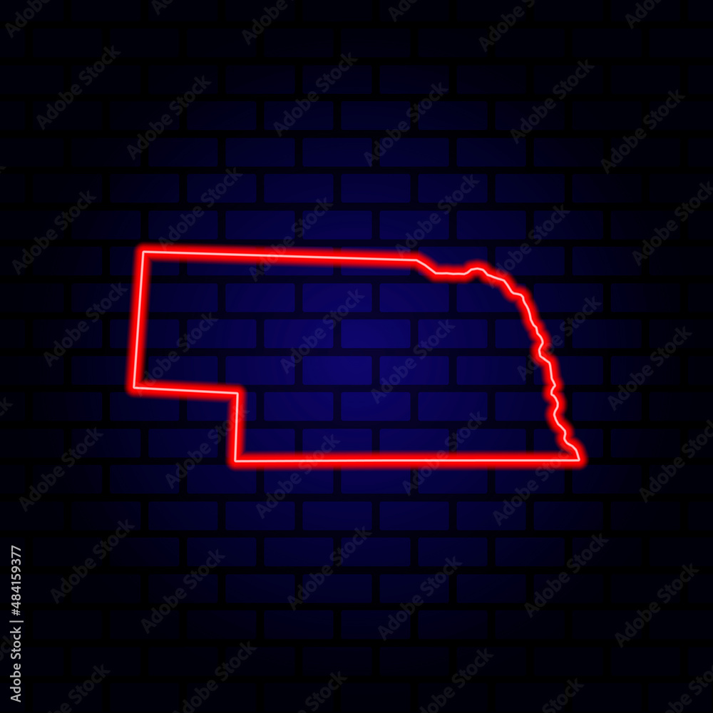 Neon map State of Nebraska on brick wall background. Neon map State of Nebraska on brick wall background.