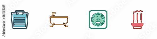 Set Bathroom scales, Bathtub, Sauna thermometer and Incense sticks icon. Vector