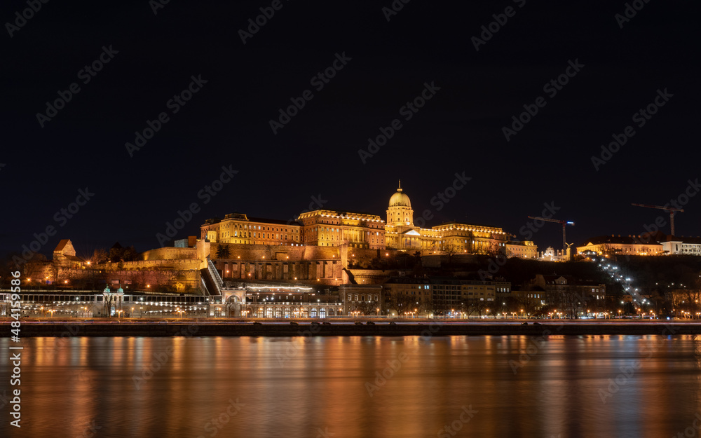 Buda Castle illuminated at night in Budapest Hungary Europe