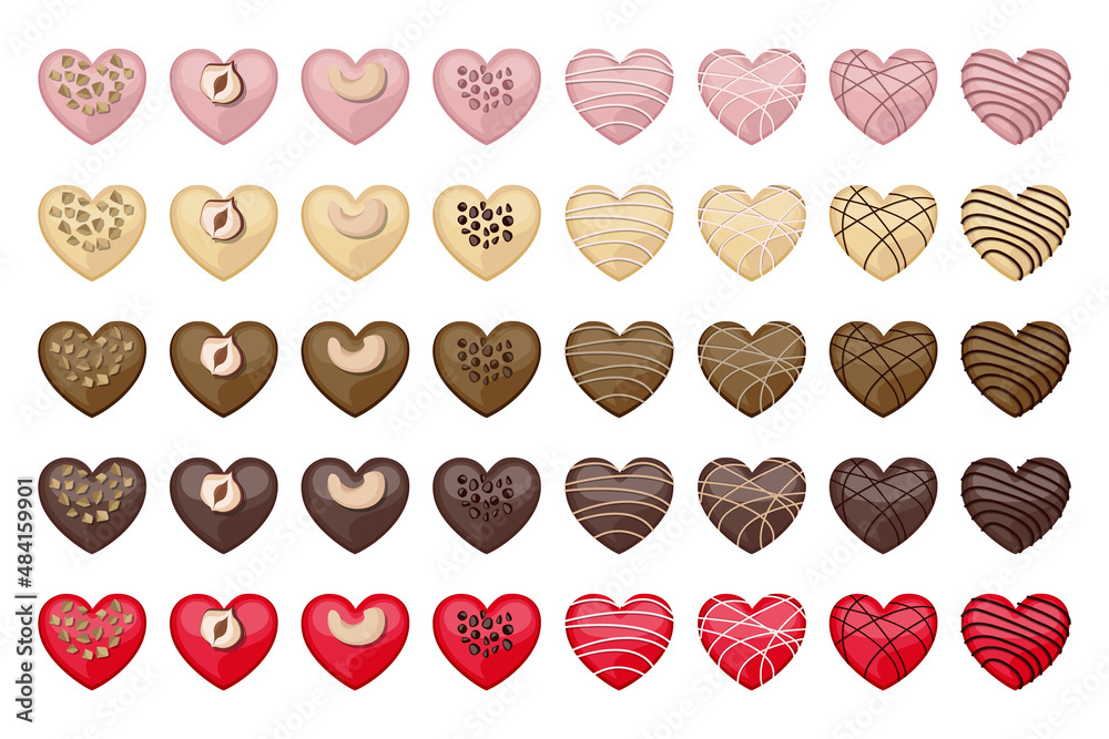 Vector set of heart shaped white, milk, red, pink and dark chocolate sweets decorated with nuts and pastry cream.
Vector set of heart shaped white, milk, red, pink and dark chocolate sweets decorated with nuts and pastry cream.