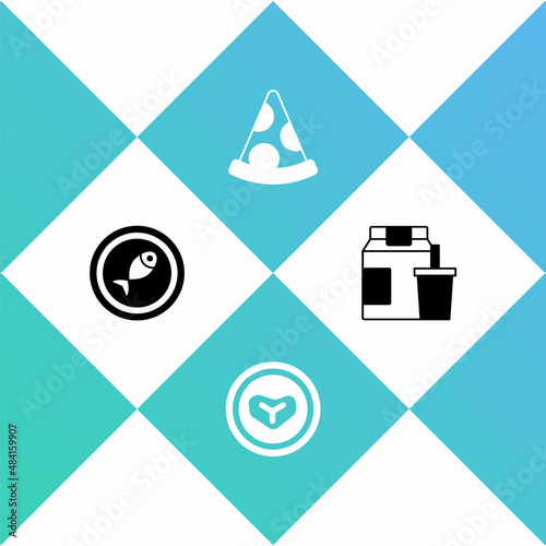Set Served fish on a plate, Steak meat, Slice of pizza and Online ordering and delivery icon. Vector
