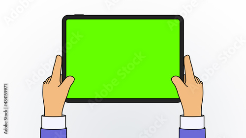 Cartoon male hands hold tablet isolated on white background with chromakey display. Hands use tablet mockup. Horizontal banner Illustration 