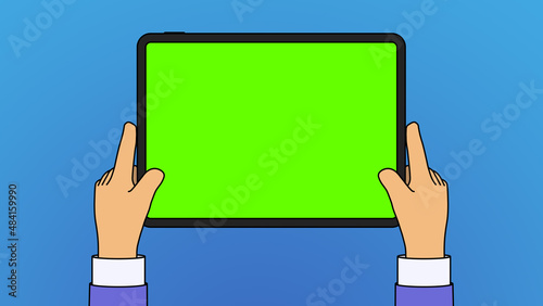 Cartoon male hands hold tablet isolated on blue background with chromakey display. Hands use tablet mockup. Horizontal banner Illustration 