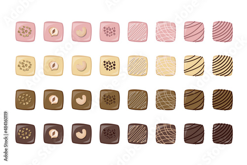 Set of white, milk, pink and black chocolate candies decorated with nuts and confectionery cream. Vector illustration.

