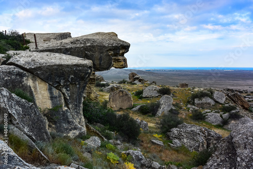 Touristic Qobustan with petroglyphs area listed in Unesco  World Heritage in Azerbaijan. Baku.