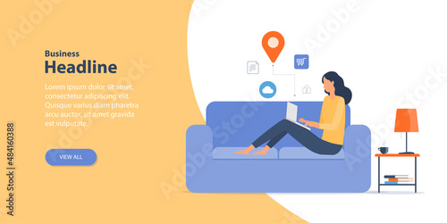 Homepage web banner design concept business people working online any workplace with remotely technology working concept. flat vector illustration design.