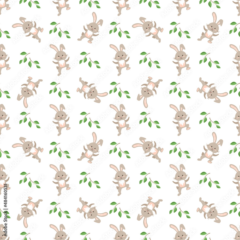 Happy Easter seamless pattern. Festive decoration print with rabbit and green twig and leaves on white background. Elements for wrapping paper, textiles and decor. Vector flat illustration