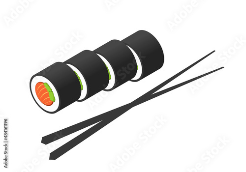 Sushi maki roll with salmon and food chopstick vector or japanese philadelphia white delicious meal with fish and avocado isometric illustration, idea of asian menu restaurant cuisine isolated