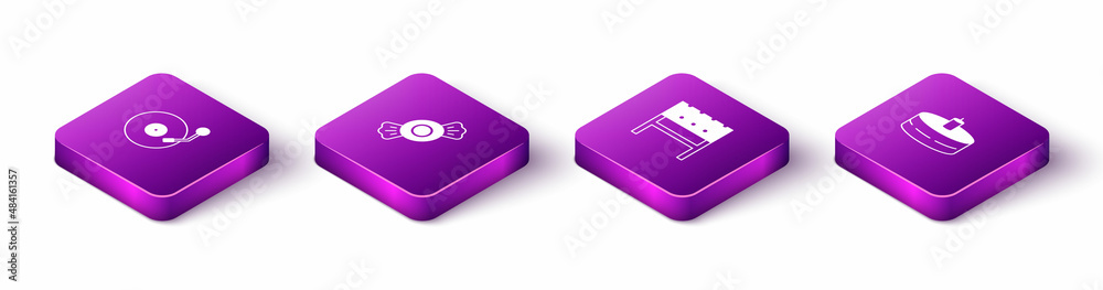 Set Isometric Vinyl player with disk, Candy, BBQ brazier and Cake burning candles icon. Vector Set Isometric Vinyl player with disk, Candy, BBQ brazier and Cake burning candles icon. Vector