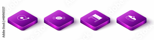 Set Isometric Vinyl player with disk, Candy, BBQ brazier and Cake burning candles icon. Vector