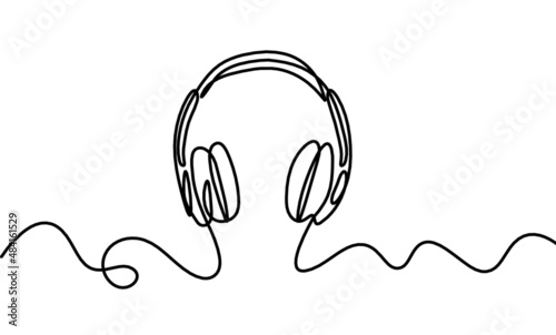 Abstract headphones as continuous lines drawing on white background