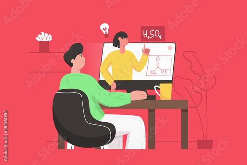 Distance learning and online education modern flat concept. Student watches video lesson in chemistry with teacher on computer screen. Vector illustration with people scene for web banner design