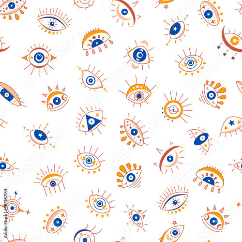 Seamless pattern with esoteric celestial symbol of evil eye with moon phases moon. Hamsa magical eye, decor element. Vector illustration
