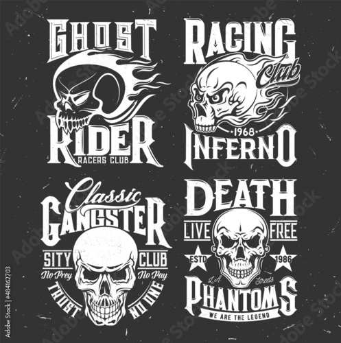 Racing club skull, biker races and motorcycle races vector t-shirt prints. Chopper bike races club emblems with skull in fire helmet and motorcycle riders quotes of Phantom and inferno ghosts gang