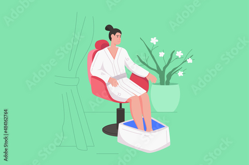 Body treatment in spa salon modern flat concept. Woman in bathrobe enjoys foot bath. Client receives skin care procedure before pedicure. Vector illustration with people scene for web banner design