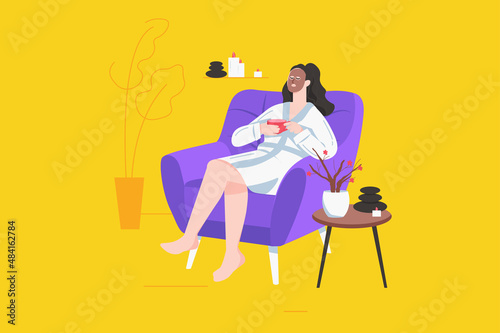 Body treatment in spa salon modern flat concept. Woman with face moisturizing mask in bathrobe drinks tea and relax while sitting in chair. Vector illustration with people scene for web banner design