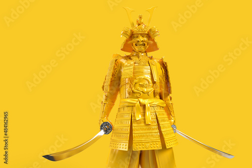 Japanese samurai warrior in full armor with helmet, mask and katana. 3D Rendering
