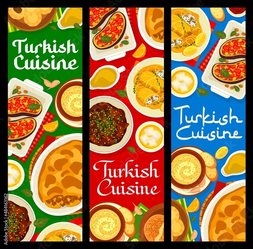 Turkish cuisine menu meals banners with Arab dishes of vector vegetable and meat halal food. Flatbread pide, stuffed eggplant and moussaka, date dessert, baklava, meat with orange and walnut sauce