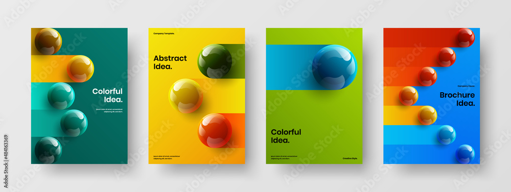 Clean corporate brochure design vector template bundle. Trendy realistic balls placard layout composition.