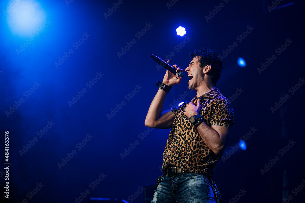 Singing artist performing before the audience at a live concert. Singing artist performing before the audience at a live concert.