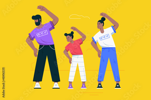 Healthy family and relationship modern flat concept. Dad, mom and daughter do exercises and train together. Parents and child doing sports. Vector illustration with people scene for web banner design