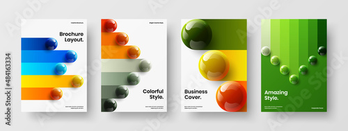 Amazing realistic balls company cover layout composition. Modern front page A4 design vector template bundle.