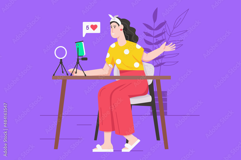 Video streaming with blogger modern flat concept. Happy young girl making live broadcast using smartphone and communicates with followers. Vector illustration with people scene for web banner design
