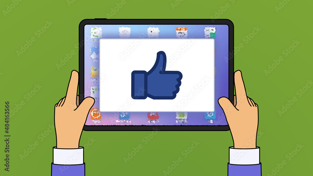 Cartoon male hands hold tablet on green gradient background, pop up window with new like notification icon on display. Hands use tablet mockup. Horizontal banner push Illustration thumb up reaction Cartoon male hands hold tablet on green gradient background, pop up window with new like notification icon on display. Hands use tablet mockup. Horizontal banner push Illustration thumb up reaction