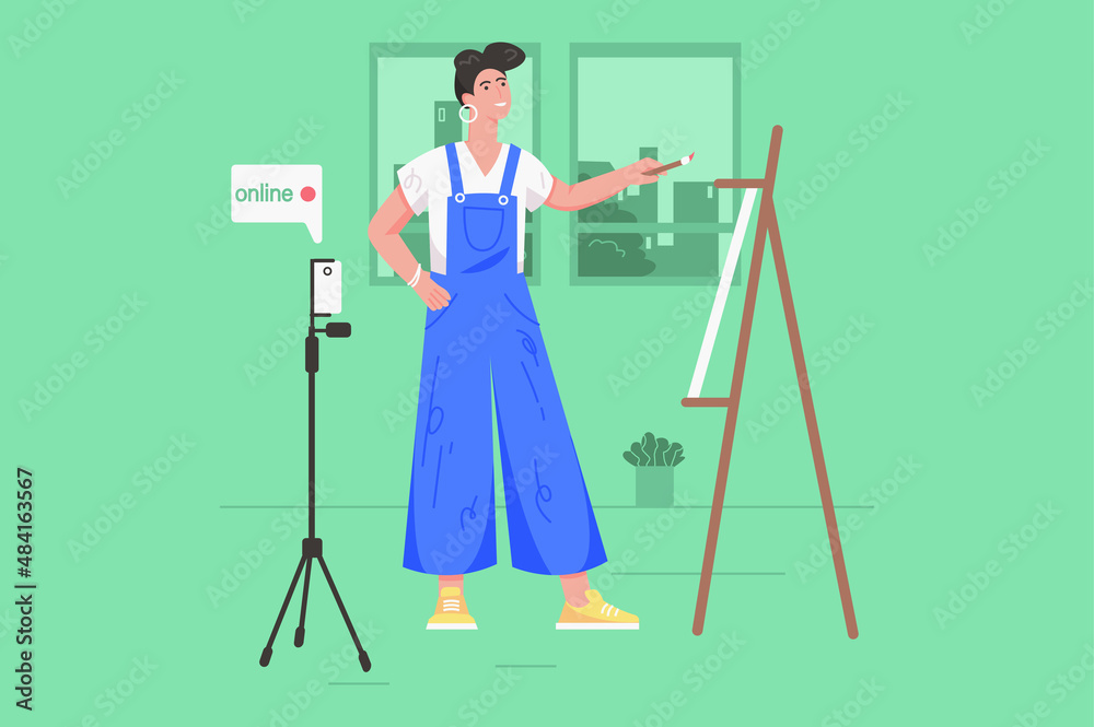 Fototapeta premium Video streaming with blogger modern flat concept. Young girl draws picture on canvas, makes online broadcast and creates art tutorial. Vector illustration with people scene for web banner design
