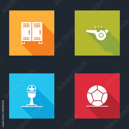 Set Locker or changing room, Whistle, Award cup and football ball and Soccer icon. Vector