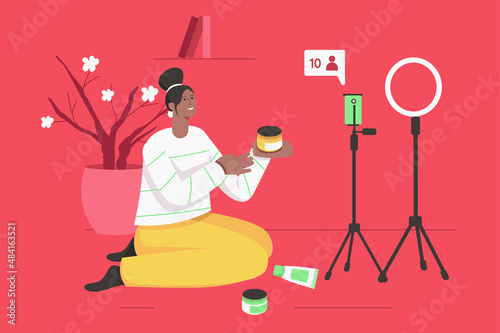 Video streaming with blogger modern flat concept. Happy young girl reviews beauty products for blog and creates content for followers. Vector illustration with people scene for web banner design