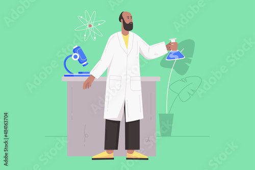 Scientist works in science laboratory modern flat concept. Researcher makes test using flask and microscope, studies physics and chemistry. Vector illustration with people scene for web banner design