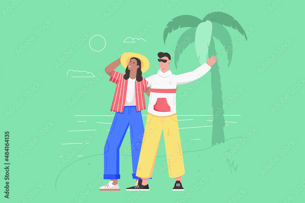 Tourists go on vacation travel modern flat concept. Happy couple walking along beach while relaxing on tropical island in ocean at resort. Vector illustration with people scene for web banner design Tourists go on vacation travel modern flat concept. Happy couple walking along beach while relaxing on tropical island in ocean at resort. Vector illustration with people scene for web banner design